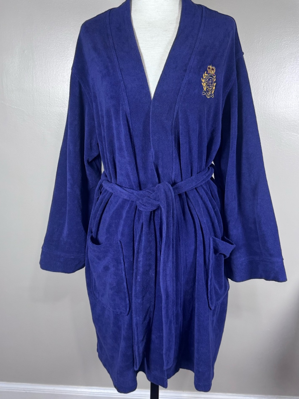Lauren Ralph Lauren Y2K Royal Blue Embroidered Crest Logo Terry Cloth Robe Sz L